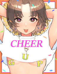  1girl absurdres arms_behind_head arms_up breasts brown_eyes brown_hair commentary confetti cropped_shirt earrings english_text girls_und_panzer highres holding holding_pom_poms jewelry looking_at_viewer nipple_piercing oshiri_seijin parted_bangs piercing pink_pupils pom_pom_(cheerleading) pom_poms sawa_azusa shirt short_hair short_sleeves small_breasts smile solo t-shirt tongue tongue_out tongue_piercing underboob white_shirt 