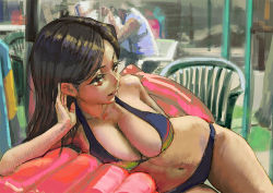  1girl arm_support aro_(charged_time_out) bad_id bad_pixiv_id bikini black_hair blue_bikini breasts brown_eyes chair cleavage eyelashes eyeshadow irie_saaya jpeg_artifacts large_breasts long_hair makeup navel open_mouth original parted_lips smile solo_focus swimsuit thigh_gap 
