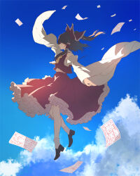  1girl absurdres ascot black_footwear blue_sky bow brown_hair cloud commentary_request detached_sleeves flying frilled_bow frilled_hair_tubes frilled_skirt frills hair_bow hair_tubes hakurei_reimu highres iris-san medium_hair red_bow red_shirt red_skirt shirt skirt skirt_set sky socks solo touhou white_sleeves white_socks wide_sleeves yellow_ascot  rating:General score:2 user:danbooru