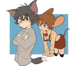  2boys animal_ears bad_id bad_pixiv_id blue_eyes bow bowtie brown_hair cat_ears cat_tail colored_sclera gloves green_eyes grey_hair jerry_(tom_and_jerry) male_focus mouse_ears mouse_tail multiple_boys one_eye_closed personification shirt smile tail tom tom_and_jerry white_gloves yellow_sclera  rating:General score:12 user:danbooru