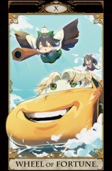  2girls arm_cannon beji-kun bird bird_wings black_hair black_wings blonde_hair blue_sky bow brown_hair cape car cars_(movie) chicken cloud collared_shirt commentary_request control_rod cookie_(touhou) frilled_hair_tubes frills full_body green_bow green_eyes hair_between_eyes hair_bow hair_tubes hakurei_reimu highres hotaruda_(cookie) joker_(cookie) long_bangs long_hair mizuhashi_parsee motor_vehicle multiple_girls nadeko_(cookie) o_o open_mouth puffy_short_sleeves puffy_sleeves red_bow reiuji_utsuho roman_numeral shirt short_sleeves sky smile tarot tarot_(medium) the_chicken_that_appears_in_the_middle_of_cookie third_eye touhou triangle_mouth water weapon wheel_of_fortune_(tarot) white_cape white_shirt wings 