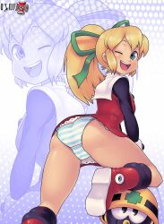  ass blonde_hair blue_eyes breasts dress from_behind highres large_breasts mega_man_(classic) mega_man_(series) met_(mega_man) olavnsfw one_eye_closed panties ponytail robot robot_girl roll_(mega_man) shiny_skin smile striped_clothes striped_panties underwear wink  rating:Questionable score:67 user:Liberius1