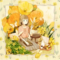  1girl bad_id bad_pixiv_id blunt_bangs blush book book_on_lap bread brown_eyes brown_hair brown_skirt bug butterfly butterfly_on_hand closed_mouth coffee_pot cup cushion dandelion_seed floral_background flower food fruit hand_up insect orange_(fruit) orange_flower orange_slice original pink_shirt poppy_(flower) seiza shirt short_hair sitting skirt smile solo somemachi tray yellow_flower 