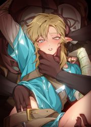3boys absurdres belt black_skin blonde_hair blue_eyes blush colored_skin commentary_request fingerless_gloves gloves highres huge_filesize link looking_at_viewer male_focus masked multiple_boys nintendo open_mouth pointy_ears sea_urchin_(925994758) the_legend_of_zelda the_legend_of_zelda:_breath_of_the_wild rating:Questionable score:29 user:danbooru