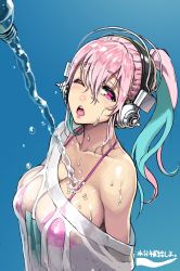 1girl bikini blue_background bottle breasts cleavage headphones highres large_breasts long_hair nitroplus one_eye_closed pink_eyes pink_hair ponytail pouring see-through shirt solo super_sonico sweatdrop swimsuit tsuji_santa water wet wet_clothes wet_shirt rating:Questionable score:60 user:danbooru