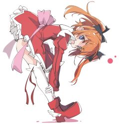  1girl ass bent_over black_ribbon blue_eyes blush dress hair_ribbon ixy kaitou_tenshi_twin_angel long_sleeves looking_at_viewer magical_girl minazuki_haruka_(twin_angel) open_mouth orange_hair pink_ribbon red_dress red_footwear red_ribbon ribbon shoes short_hair simple_background solo standing thighhighs twin_angel twintails white_background white_thighhighs  rating:Sensitive score:13 user:danbooru
