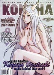  1girl blush breasts byakugan cover crossed_legs english_text grey_eyes grey_hair highres horns indy_rique jewelry konoha_paradise large_breasts long_hair magazine_cover naruto_(series) naruto_shippuuden necklace nipples nude ootsutsuki_kaguya partially_visible_vulva pussy rinne_sharingan serious sitting solo tattoo third_eye very_long_hair  rating:Explicit score:164 user:windking3646