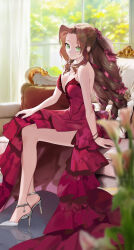  1girl aerith_gainsborough aerith_gainsborough_(red_dress) bracelet breasts brown_hair cleavage dress drill_hair final_fantasy final_fantasy_vii final_fantasy_vii_remake flower green_eyes hair_flower hair_ornament hair_ribbon high_heels highres jewelry looking_at_viewer necklace official_alternate_costume official_alternate_hairstyle peach_luo red_dress red_ribbon ribbon sitting smile solo star_(symbol) star_necklace 