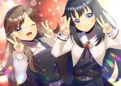  2girls ;d arashio_(kancolle) asashio_(kancolle) belt belt_buckle black_dress black_hair blue_eyes brown_eyes brown_hair buckle closed_mouth collared_shirt commentary_request commission double_v dress dress_shirt hands_up kantai_collection kou_hiyoyo long_sleeves multiple_girls neck_ribbon one_eye_closed open_mouth parted_bangs pinafore_dress puffy_long_sleeves puffy_sleeves purple_belt red_ribbon ribbon shirt skeb_commission sleeveless sleeveless_dress smile v white_shirt 