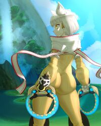  1girl animal_ears ass blush bodysuit cat_ears dual_wielding facial_mark from_behind gloves holding lthedeity nia_(xenoblade) ring_blade short_hair skin_tight smile solo weapon white_hair xenoblade_chronicles_(series) xenoblade_chronicles_2 yellow_eyes 