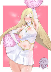  1girl ;d alternate_breast_size arm_up armpit_hair armpits bad_id bad_pixiv_id blonde_hair blush breasts cheerleader colored_skin contrapposto cowboy_shot creatures_(company) detached_sleeves elbow_gloves female_pubic_hair game_freak gloves green_eyes hair_ornament hairclip heart heart-shaped_pupils highres ikuchan_kaoru lactation large_breasts long_hair looking_at_another looking_at_viewer lusamine_(pokemon) mature_female md5_mismatch midriff mother_and_daughter multicolored_skin multiple_girls navel nintendo nippleless_clothes nipples o_o one_eye_closed open_mouth partially_colored pokemon pokemon_sm pom_pom_(cheerleading) pubic_hair pubic_hair_peek skirt smile standing sweat symbol-shaped_pupils teeth very_long_hair white_gloves  rating:Questionable score:144 user:danbooru