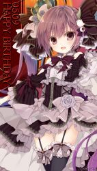  1girl :d ahoge ange_vierge bare_shoulders black_thighhighs crown dress eyeball_hair_ornament fang flower frilled_dress frilled_thighhighs frills garter_straps gluteal_fold hair_ornament hairpin happy_birthday high-low_skirt horns inugami_kira layered_dress lolita_fashion long_hair mini_crown multicolored_background official_art open_mouth outstretched_arm pink_eyes pink_hair pink_ribbon red_ribbon ribbon rose smile sofina solo standing thighhighs thighs tsurime twintails very_long_hair 
