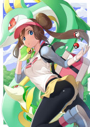 1girl bag black_pantyhose blue_eyes breasts brown_hair cloud commentary_request creatures_(company) day evolutionary_line floating_hair game_freak gen_5_pokemon handbag highres long_hair looking_at_viewer nintendo on_shoulder outdoors pantyhose pantyhose_under_shorts poke_ball poke_ball_(basic) pokemon pokemon_(creature) pokemon_bw2 pokemon_on_shoulder raglan_sleeves rosa_(pokemon) serperior servine shirt shoes short_shorts shorts sky sneakers snivy twintails visor_cap waha_(artist) yellow_shorts