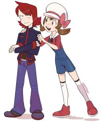  1boy 1girl absurdres blue_overalls blush brown_hair creatures_(company) crossed_arms full_body game_freak hand_on_another&#039;s_shoulder hat highres kneehighs lyra_(pokemon) nintendo open_mouth overalls pokemon pokemon_hgss red_footwear red_hair signature silver_(pokemon) socks standing transparent_background waackery white_hat 