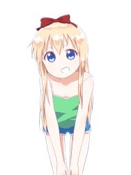  1girl :d blonde_hair blue_eyes bow female_focus flat_chest hair_bow highres long_hair looking_at_viewer open_mouth potoio red_bow short_shorts shorts simple_background smile solo toshinou_kyouko white_background yuru_yuri  rating:Sensitive score:13 user:meong