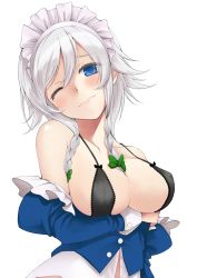  1girl ;) arm_under_breasts bare_shoulders black_bra blue_eyes blue_shirt blush bow bra braid breasts collarbone commentary_request covered_erect_nipples green_bow hair_between_eyes hair_bow head_tilt izayoi_sakuya juliet_sleeves large_breasts lips long_sleeves looking_at_viewer maid maid_headdress off_shoulder one_eye_closed puffy_sleeves shirt short_hair silver_hair smile solo touhou transparent_background twin_braids underwear upper_body utakata_(kochou_no_yume) white_shirt 