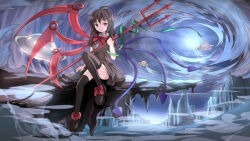 1girl ahoge artist_request black_hair houjuu_nue multiple_tails polearm red_eyes scythe source_request tagme tail touhou trident ufo weapon wings