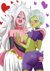  2girls android_21 ass ass_grab asymmetrical_docking blue_eyes breast_press breasts cheelai cleavage clothes_lift colored_skin detached_sleeves dragon_ball dragon_ball_fighterz dragon_ball_super dragon_ball_super_broly drooling earrings green_skin harem_pants heart highres hoop_earrings jewelry kazenoyobou large_breasts light_persona long_hair looking_at_viewer majin_android_21 messy_hair multiple_girls nail_polish naughty_face no_bra open_mouth pants pink_skin pointy_ears purple_eyes saliva shirt_lift short_hair shorts sideboob simple_background standing tail undressing very_long_hair white_hair yuri  rating:Questionable score:121 user:danbooru