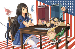  2girls 6+boys age_difference aircraft airplane american_flag annotated bald belt ben_carson bernie_sanders black_hair blonde_hair blue_dress blue_ribbon blush_stickers borrowed_character bottle brown_eyes character_request chibi chris_christie closed_mouth commentary cosplay dark_skin donald_trump donkey dress earrings elephant emblem eyebrows fairy_(kancolle) fighter_jet floating_hair flying formal frills from_side glasses glint grin hat unworn_hat unworn_headwear highres hillary_clinton holding iowa_(pacific) jacket jeb_bush jet jewelry john_kasich kantai_collection lace lace-trimmed_dress lace_trim long_hair looking_at_viewer marco_rubio martin_o&#039;malley military military_vehicle mole mole_under_eye multiple_boys multiple_girls muscular neckerchief old old_man open_clothes open_jacket original pacific_(kancolle) parody pencil personification politician real_life ribbon ribbon-trimmed_legwear ribbon_trim robe sailor_collar sailor_dress school_uniform serafuku shingeki_no_kyojin short_sleeves sima_naoteng sitting smile staff star_(symbol) star_print suit table ted_cruz thick_eyebrows thighhighs three-dimensional_maneuver_gear topless_male umbrella united_states uss_iowa_(bb-61) very_long_hair water_bottle white_hair white_legwear wizard_hat wrist_ribbon zettai_ryouiki |_|  rating:Sensitive score:11 user:danbooru