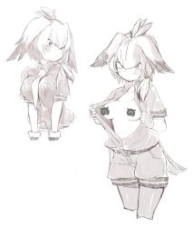 10s 1girl babalilo belt blouse breast_pocket breasts breasts_apart censored censored_nipples female_focus flashing from_side greyscale hair_between_eyes head_wings japari_symbol kemono_friends medium_breasts monochrome no_bra novelty_censor open_clothes open_shirt pantyhose pantyhose_under_shorts pocket shirt shoebill_(kemono_friends) shorts simple_background solo white_background wings rating:Questionable score:17 user:Dweenie