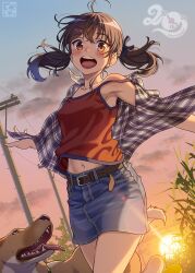  1girl :d antenna_hair aoi_sora_(pairan) armpits belt blue_shirt blush breasts brown_eyes brown_hair choppy_bangs collared_shirt commentary_request cowboy_shot denim denim_skirt dog grass hair_ornament hair_tie hairclip hand_out_of_frame highres lens_flare looking_at_viewer midriff_peek navel open_clothes open_mouth open_shirt original outdoors outstretched_arms outstretched_hand pairan plaid plaid_shirt red_shirt shirt skirt small_breasts smile solo standing strap_slip sunset tank_top teeth twintails upper_teeth_only utility_pole wind wind_lift 