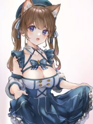  :o animal_ear_fluff animal_ears beret blue_eyes blue_hat bow bowtie breasts brown_hair buttons cleavage clothes_lift collar collarbone cowboy_shot detached_sleeves dress dress_lift frilled_dress frills gradient_background hair_between_eyes hair_ribbon hat indie_virtual_youtuber itigori_ena lifting_own_clothes light_blush long_hair looking_at_viewer marulire medium_breasts mole mole_under_eye open_mouth ribbon simple_background sleeveless sleeveless_dress striped_bow striped_ribbon twintails two-tone_dress virtual_youtuber white_collar 