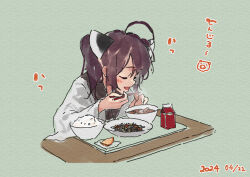  1girl :d ahoge blush bowl brown_hair chopsticks closed_eyes commentary_request dated food food_request green_background headgear holding holding_chopsticks japanese_clothes kimono lamb_(hitsujiniku) long_sleeves open_mouth plate rice simple_background smile solo table touhoku_kiritan translation_request twintails upper_body voiceroid white_kimono wide_sleeves 