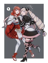  2girls aristocratic_clothes blonde_hair boots drill_hair elise_(fire_emblem) fire_emblem fire_emblem_fates hairband high_heel_boots high_heels highres japanese_clothes multicolored_hair multiple_girls nintendo oratoza pink_eyes pink_hair purple_eyes purple_hair red_hair sakura_(fire_emblem) streaked_hair thigh_boots twin_drills twintails white_hairband 