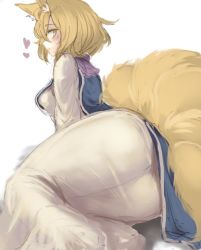 1girl animal_ears ass blonde_hair dress fox_ears fox_tail from_behind hair_between_eyes heart looking_at_viewer lying multiple_tails on_side see-through see-through_silhouette short_hair simple_background smile solo tabard tail touhou utopia white_background white_dress yakumo_ran rating:Questionable score:28 user:danbooru