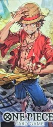  1boy abs artist_request black_hair blue_shorts commentary_request copyright_name frilled_sleeves frills hat jolly_roger male_focus monkey_d._luffy one_piece one_piece_card_game open_clothes open_shirt sash scar scar_on_chest short_hair shorts smile solo straw_hat yellow_sash 