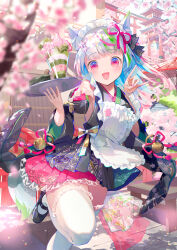  1girl absurdres apron bare_shoulders bell black_footwear bow breasts cherry_blossoms detached_sleeves floral_print fox frilled_apron frills grey_hair hair_ornament hairclip highres holding holding_tray japanese_clothes jingle_bell kimono maid maid_apron maid_headdress multicolored_clothes negimapurinn open_mouth original parfait red_bow red_eyes red_ribbon ribbon short_kimono small_breasts smile thighhighs tray white_apron white_hair white_thighhighs wide_sleeves 