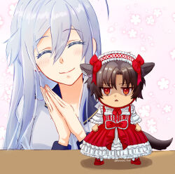  1boy 1girl 86_-eightysix- ^_^ animal_ears brown_hair closed_eyes closed_mouth dress facing_viewer frilled_dress frills grey_hair hair_between_eyes height_difference highres kamatanu_free lolita_fashion long_dress long_hair open_mouth red_dress red_eyes red_footwear shinei_nouzen short_hair sketch smile straight_hair tail twitter_username two-tone_dress vladilena_millize white_dress wolf_boy wolf_ears wolf_tail 