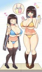  2girls absurdres bikini breasts brown_hair bursting_breasts cleavage closed_eyes covered_erect_nipples curvy food girl_on_top green_eyes highres huge_breasts ice_cream long_hair multiple_girls navel open_mouth oppai_loli short_hair shuz_(dodidu) siblings sisters skindentation smile standing swimsuit thick_thighs thighs very_long_hair wide_hips  rating:Explicit score:135 user:SWBlade
