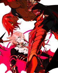  2boys absurdres ashwatthama_(fate) bad_id bad_pixiv_id dark-skinned_male dark_skin enilefilnoztlaw fate/grand_order fate_(series) highres looking_at_viewer multiple_boys muscular muscular_male red_hair simple_background smile topless_male white_background white_hair yellow_eyes 