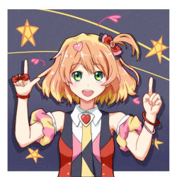  10s 1girl blonde_hair blush bow brown_hair freyja_wion green_eyes hair_ornament heart heart_hair_ornament highres index_finger_raised looking_at_viewer macross macross_delta multicolored_hair open_mouth rayhwang red_bow short_hair sleeveless smile solo 