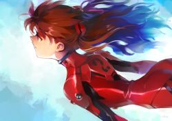  1girl ass bodysuit brown_hair commentary english_commentary hair_ornament hairpods interface_headset long_hair looking_away neon_genesis_evangelion optionaltypo pilot_suit plugsuit profile red_bodysuit shiny_clothes skin_tight solo soryu_asuka_langley souryuu_asuka_langley 