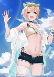 1girl :d absurdres arms_up bandaged_chest bandaged_leg bandages bikini bikini_under_clothes blonde_hair bracelet breasts bright_pupils cloud cropped_legs double-parted_bangs green_eyes hair_ribbon highres hololive in_water jewelry katana kazama_iroha leaf leaf_on_head lens_flare long_hair looking_at_viewer medium_breasts mikaku open_mouth ponytail ribbon shirt short_shorts shorts sky smile standing sunglasses swimsuit sword virtual_youtuber weapon white_pupils white_shirt rating:Sensitive score:12 user:danbooru