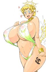 1girl angel bikini blonde_hair blue_eyes body_writing breasts covered_erect_nipples curvy female_focus gigantic_breasts halo happy heart navel nipples open_mouth sasaki_tatsuya see-through short_hair simple_background sketch slingshot_swimsuit solo standing swimsuit thighs white_background white_wings wide_hips wings rating:Questionable score:71 user:Xander