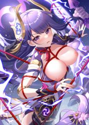  1girl bdsm bondage bound breasts breasts_out collar embarrassed genshin_impact highres large_breasts long_hair night nipples no_bra purple_eyes purple_hair raiden_shogun rope rope_between_breasts shy sky solo star_(sky) starry_sky very_long_hair  rating:Explicit score:27 user:TaodB