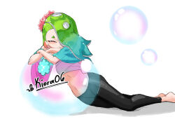  1girl aqua_hair black_pants bubble commentary english_commentary gradient_hair green_hair hair_over_one_eye highres kiora06 long_hair looking_at_viewer multicolored_hair navel nintendo octoling official_alternate_costume official_alternate_hair_color pants red_eyes shiver_(splatoon) simple_background smile solo splatoon_(series) splatoon_3 teeth tentacle_hair two-tone_hair white_background 