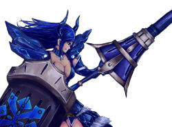  1girl armor blue_eyes blue_hair breasts capcom cleavage fukoujiman horns matching_hair/eyes monster_hunter_(series) monster_hunter_frontier robust_(armor) solo weapon 