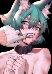  1boy 1girl animal_ear_fluff animal_ears aqua_eyes aqua_hair bare_shoulders bdsm black_background blood blood_in_mouth bondage bound bound_wrists bruise bruise_on_face cat_ears cat_girl collar collarbone finger_in_another&#039;s_mouth gloves hair_between_eyes half_gloves highres injury looking_at_viewer misa_(929382672) mouth_pull original portrait scar scar_across_eye sharp_teeth short_hair simple_background slave slit_pupils solo_focus teeth white_gloves  rating:Questionable score:62 user:danbooru