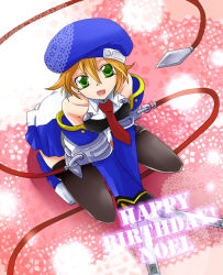  1girl arc_system_works bare_shoulders beret black_thighhighs blazblue detached_sleeves female_focus full_body green_eyes gun happy_birthday hat looking_up necktie noel_vermillion open_mouth red_ribbon ribbon solo squatting takanon_(pixiv259581) thighhighs uniform weapon 