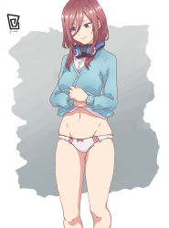  1girl absurdres blue_eyes breasts brown_hair cleavage closed_mouth collared_shirt curvy go-toubun_no_hanayome hair_between_eyes headphones headphones_around_neck highres keihh long_hair long_sleeves medium_breasts nakano_miku navel shirt solo standing thighs white_shirt  rating:Questionable score:91 user:keihh