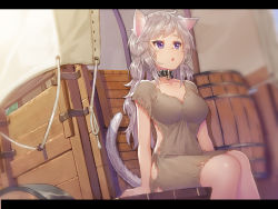  1girl :o animal_ears arms_at_sides barrel blush breasts cat_ears cat_girl cat_tail cleavage collar collarbone colored_eyelashes commentary_request covered_navel covered_wagon crate day dress feet_out_of_frame grey_dress grey_hair highres kibanda_gohan letterboxed long_hair looking_away medium_breasts open_mouth original outdoors purple_eyes short_sleeves sitting slave solo tail torn_clothes torn_dress wagon  rating:Sensitive score:27 user:danbooru