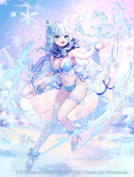  1girl :d animal_ears ankle_garter babydoll bikini blue_babydoll blue_bikini blue_eyes blue_hair blue_scarf breasts bridal_garter character_request cleavage commentary_request copyright_name dragon eastern_dragon fang front-tie_bikini_top front-tie_top high_heels highres long_hair looking_at_animal medium_breasts natsuiro_xx navel open_hand open_mouth outstretched_arm parted_bangs ribbon scarf side-tie_bikini_bottom sidelocks slit_pupils smile snowflakes solo swimsuit tail tail_ornament tail_ribbon white_footwear wrist_cuffs z/x 