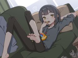  1girl akari_(raigou) black_hair black_leggings check_commentary collarbone commentary_request couch eating elf highres holding_snack jewelry leggings on_couch open_mouth original pendant pillow pointy_ears raigou sharp_teeth snack solo teeth thick_eyebrows yellow_eyes 
