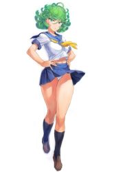 1girl blue_skirt blue_socks breasts commentary_request curly_hair female_focus full_body green_eyes green_hair hands_on_own_hips highres loafers long_legs looking_at_viewer matching_hair/eyes medium_breasts mogudan navel one-punch_man panties parted_lips pleated_skirt sailor_collar school_uniform shoes short_hair short_sleeves simple_background skirt socks solo standing tatsumaki thighs underwear white_background white_panties rating:Sensitive score:121 user:danbooru