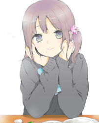  1girl blue_eyes blue_ribbon clenched_hand closed_mouth commentary_request desk eraser flower grey_sweater hair_between_eyes hair_flower hair_ornament hands_on_own_cheeks hands_on_own_face head_rest kokoro_connect long_sleeves looking_at_viewer loveachelove lowres medium_hair nagase_iori neck_ribbon pencil purple_hair raised_eyebrows ribbon side_ponytail simple_background sitting sleeves_past_wrists smile solo sweater upper_body white_background 