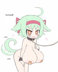  ahoge ahoge_wag alexi_(tits!) animal_ears bandaid barking bdsm blush bow_hairband breasts collar cuffs dog_ears dog_girl dog_tail excited expressive_hair green_hair hairband heart heart-shaped_pupils highres huge_breasts large_breasts leash loli no_bra no_panties oppai_loli pet_play shackles slave symbol-shaped_pupils tail translated  rating:Explicit score:77 user:KoreHereMore77